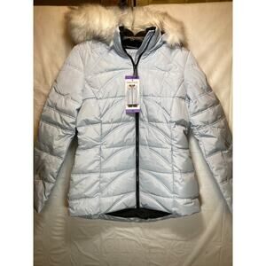 Nautica Womens Lightweight Puffer Jacket Light Blue Hood Water-Resistant Pockets